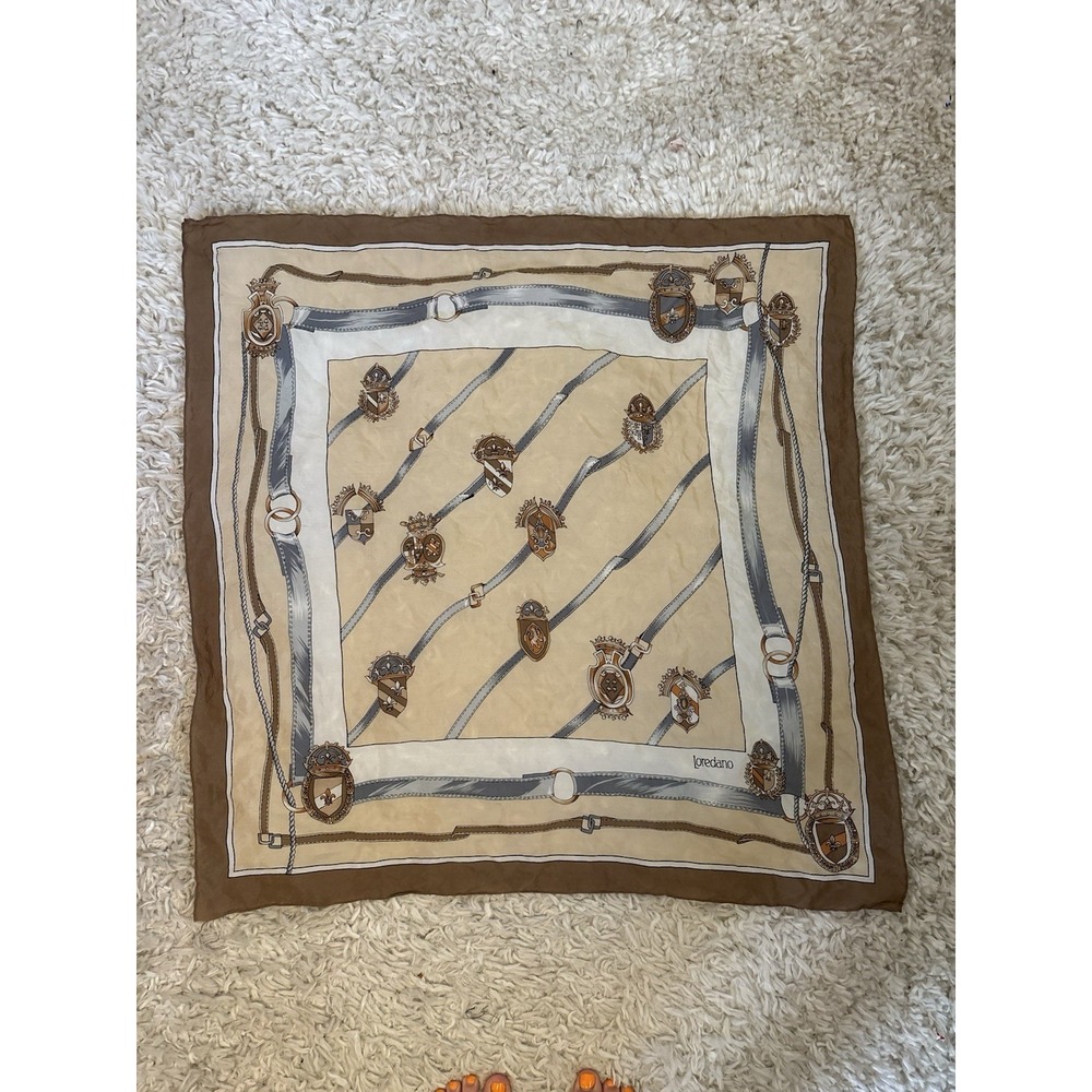 Loredano 100% Silk Scarf Square Tan Equestrian Old Money Preppy - Desc